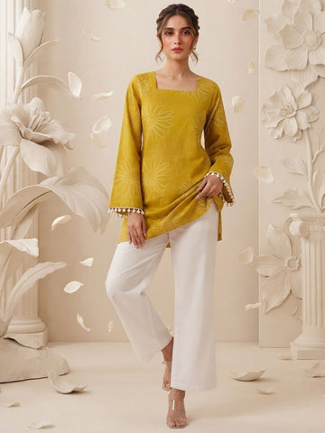 Mustard Yellow Floral Printed Corset Back Kurti