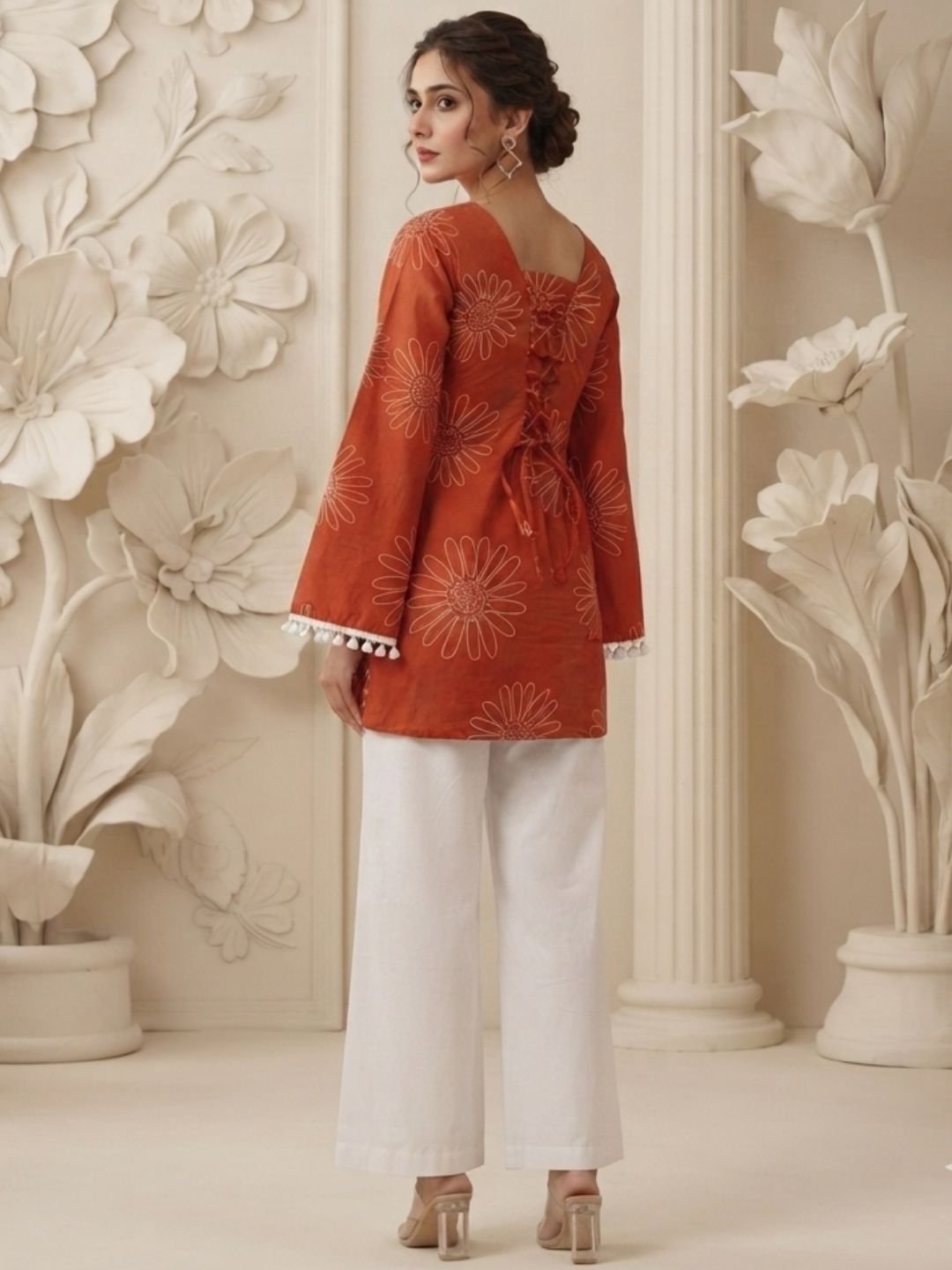 Rust Orange Floral Printed Corset Back Kurti