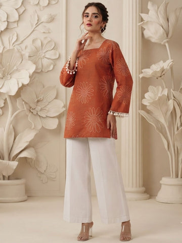 Rust Orange Floral Printed Corset Back Kurti