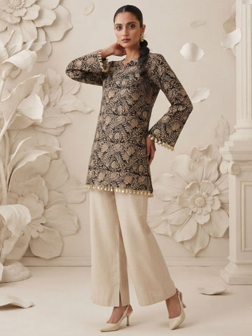 Black & Beige Floral Printed Corset Back Kurti