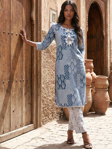 Women Printed Regular Thread Work Kurta with Trousers