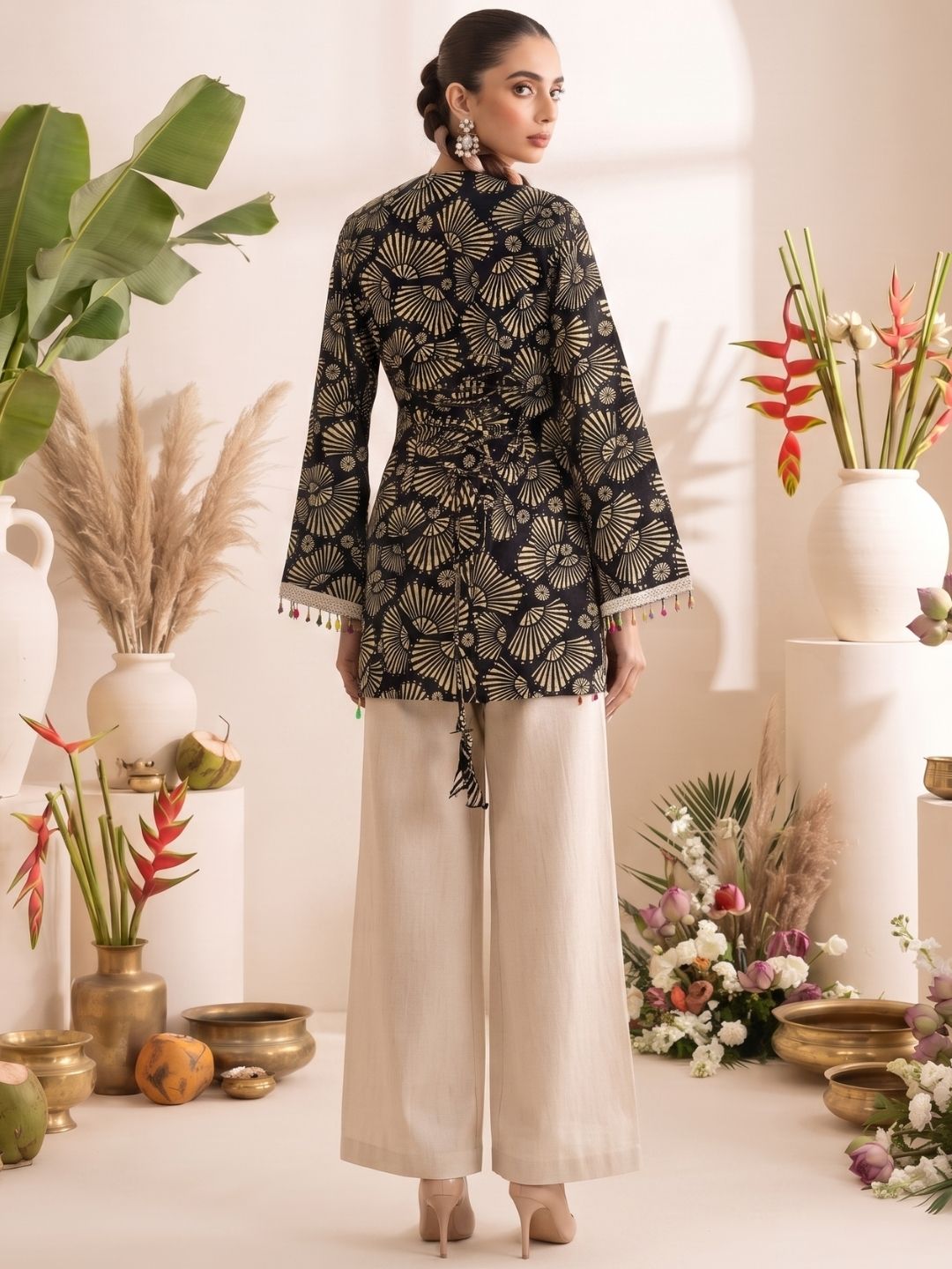 Black Printed Straight Kurti with Bell Sleeves and Multicolour Tassel Detailing