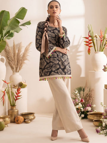 Black Printed Straight Kurti with Bell Sleeves and Multicolour Tassel Detailing