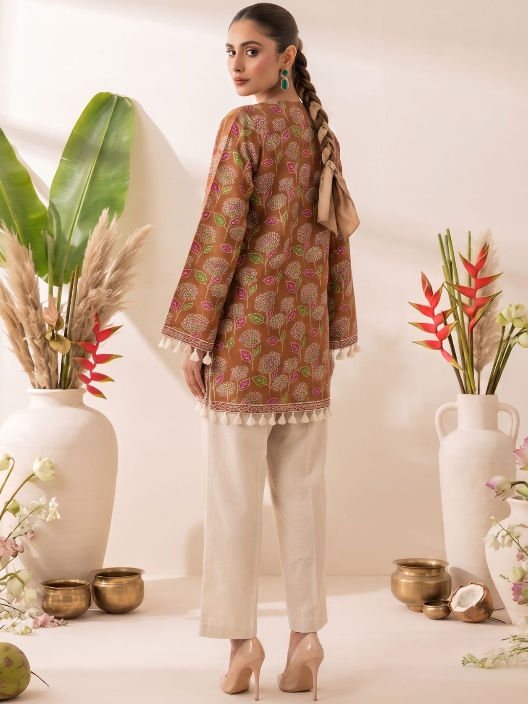 Brown Printed Straight Kurti with Bell Sleeves and Tassel Detailing