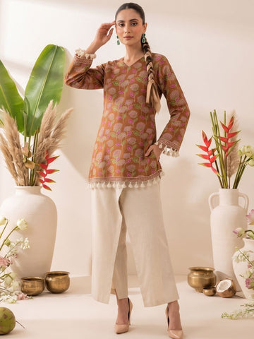 Brown Printed Straight Kurti with Bell Sleeves and Tassel Detailing