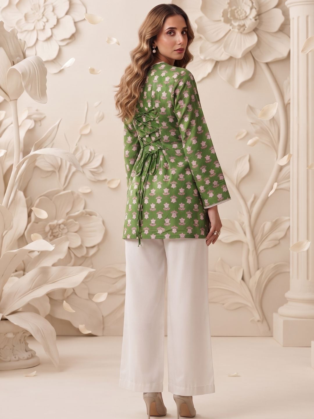 Green Floral Printed Straight Kurti with Corset Back Detail