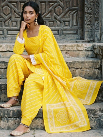 Women Yellow Bandhani Kurti with Farsi Salwar & Dupatta Set