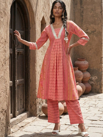 Women Ethnic Motifs Printed Empire Mirror Work Pure Cotton Kurta with Trousers
