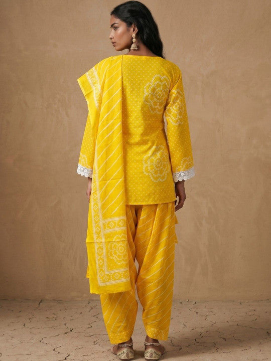 Women Yellow Bandhani Kurti with Farsi Salwar & Dupatta Set