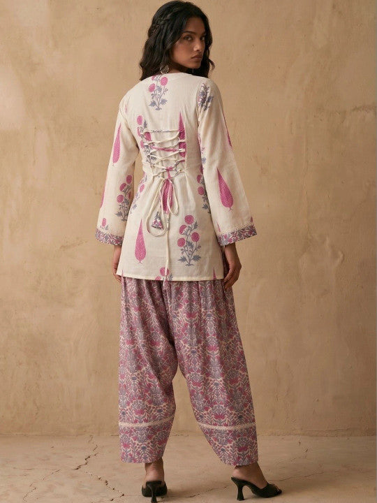 Women Ivory Floral Print Cotton Kurti with Pink Farshi Salwar Set
