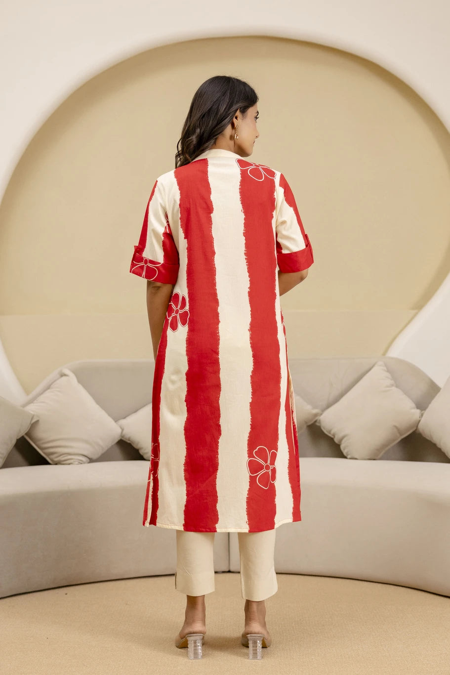 mokshi Striped Pure Cotton A-line Kurta for Women (Red)