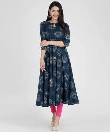 mokshi Printed Cotton Blend Anarkali Kurta for Women (Blue)