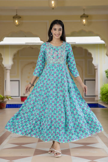 mokshi Printed Viscose Rayon Anarkali Kurta for Women (Green)