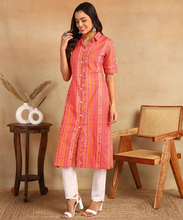 mokshi Women Printed Viscose Rayon Frontslit Kurta (Pink)