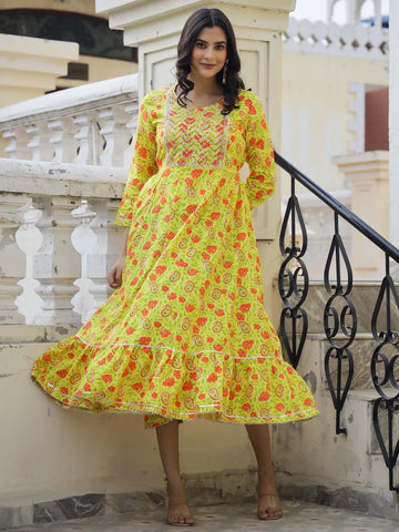 mokshi Embroidered Viscose Rayon Anarkali Kurta for Women (Yellow)
