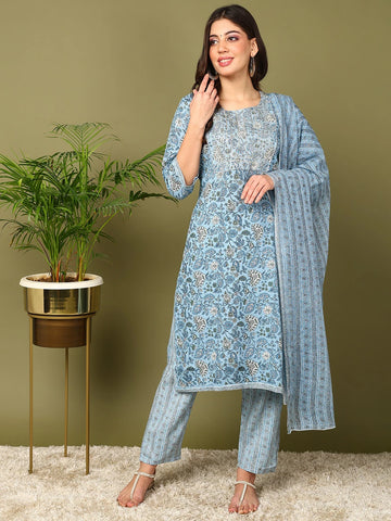 mokshi Women Cotton Blend Kurta Pant Dupatta Set