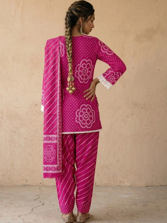 Women Pink Bandhani Kurti with Farsi Salwar & Dupatta Set