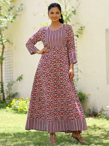 mokshi Printed Viscose Rayon Anarkali Kurta for Women (Maroon)