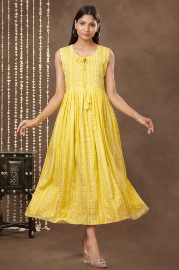 mokshi Women Fit and Flare Yellow Midi/Calf Length Dress