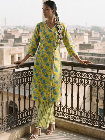 Women Floral Printed Angrakha Pure Cotton Kurta with Trousers