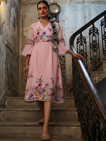 Floral Print Flared Sleeve Ruffled A-Line Dress