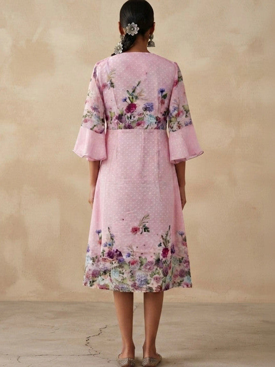 Floral Print Flared Sleeve Ruffled A-Line Dress