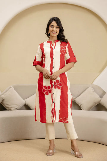 mokshi Striped Pure Cotton A-line Kurta for Women (Red)