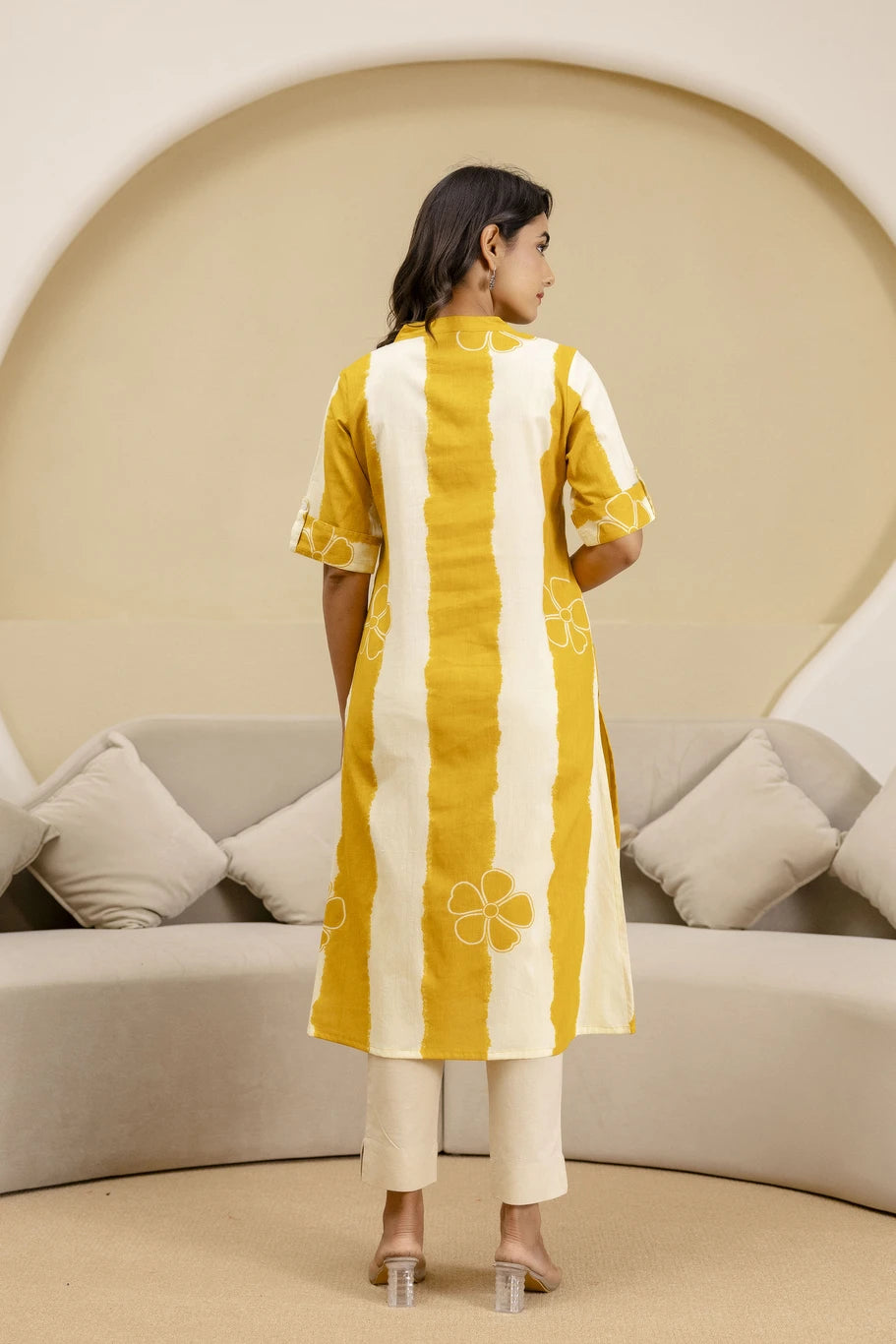 mokshi Striped Pure Cotton A-line Kurta for Women (Yellow)