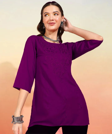 mokshi Women Embroidered Viscose Rayon Straight Kurta (Purple)