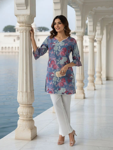 mokshi Casual Regular Sleeves Floral Print Women Blue Top