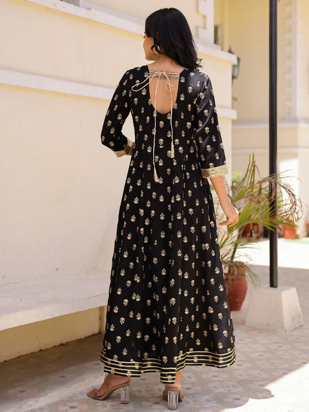 mokshi Printed Viscose Rayon Anarkali Kurta for Women (Black)