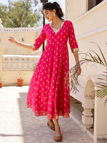 mokshi Printed Viscose Rayon Anarkali Kurta for Women (Pink)