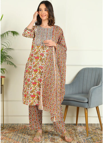 mokshi Women Cotton Blend Kurta Pant Dupatta Set