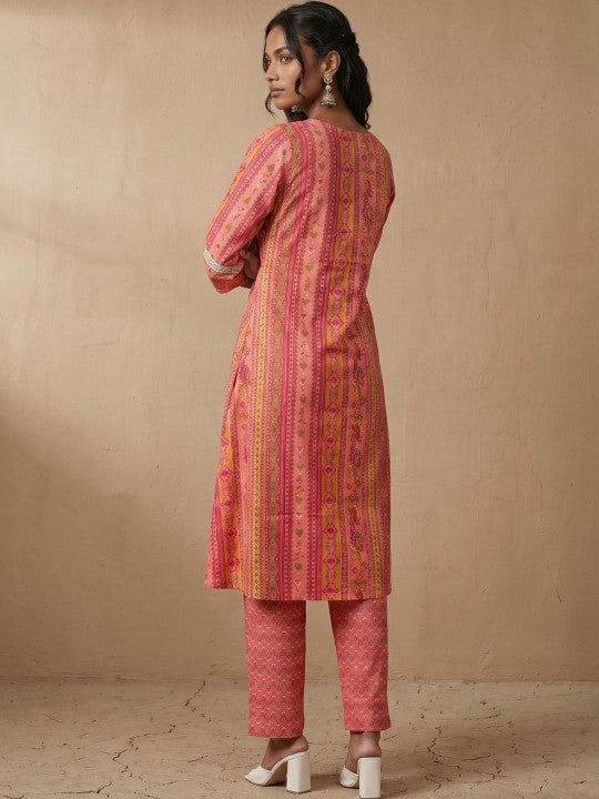 Women Ethnic Motifs Printed Empire Mirror Work Pure Cotton Kurta with Trousers